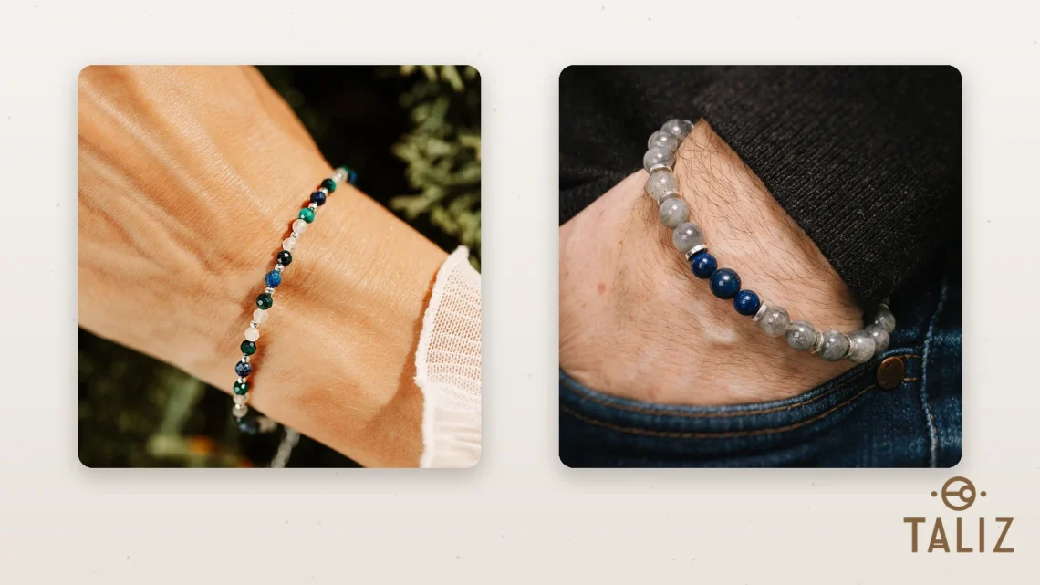 Bransoletki z lapis lazuli: srebrna bransoletka z zielonych, granatowych i jasnych koralików, męska bransoletka z dużych szarych i granatowych kulek oraz pozłacana bransoletka z drobnych granatowych koralików