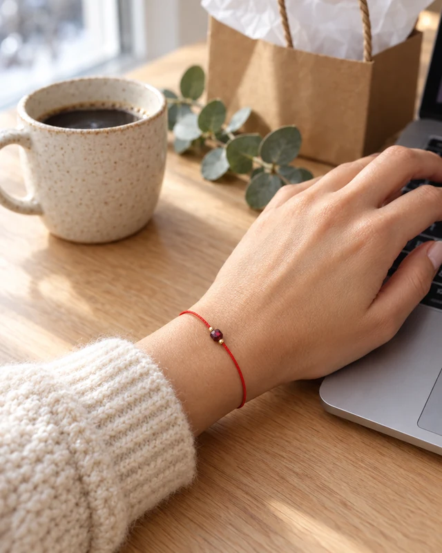 Dłoń na klawiaturze laptopa z czerwonym sznurkiem i kostką granatu, obok kubek kawy i torebka prezentowa