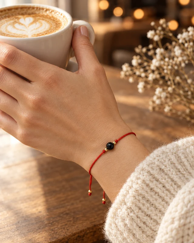 Dłoń z filiżanką cappuccino i czerwonym sznurkiem z kulką turmalinu przy kremowym swetrze