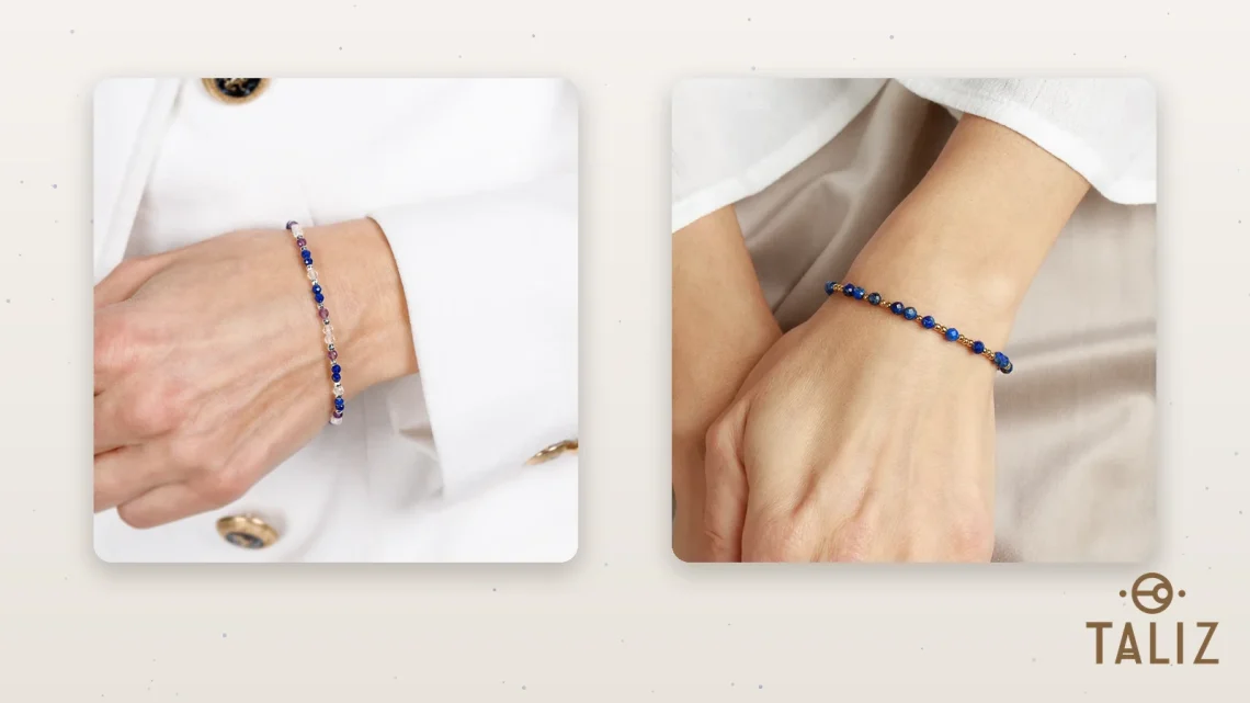 Srebrna bransoletka z granatowym lapis lazuli i ametystem na nadgarstku oraz pozłacana bransoletka z lapis lazuli