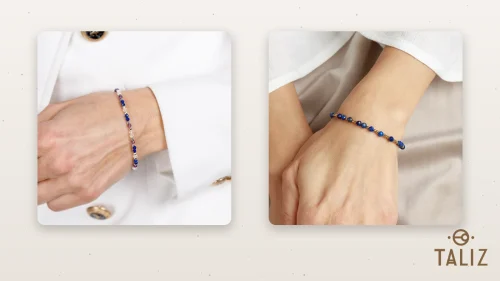 Srebrna bransoletka z granatowym lapis lazuli i ametystem na nadgarstku oraz pozłacana bransoletka z lapis lazuli