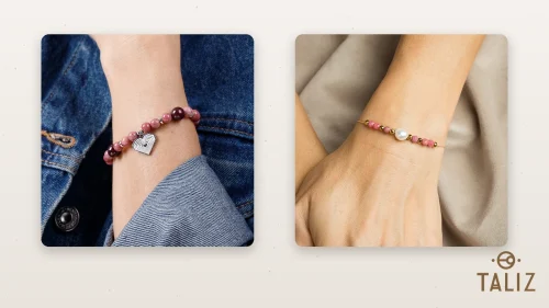 Bransoletka z rodochrozytem i granatem ze stalowym sercem na nadgarstku oraz bransoletka na sznurku z rodochrozytem i perłą